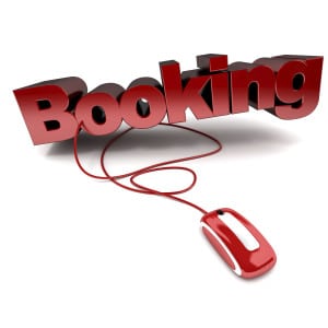 Red and white 3D illustration of the word booking connected to a computer mouse