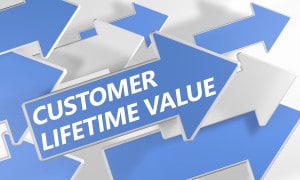 Customer Lifetime Value 3d render concept with blue and white arrows flying over a white background.